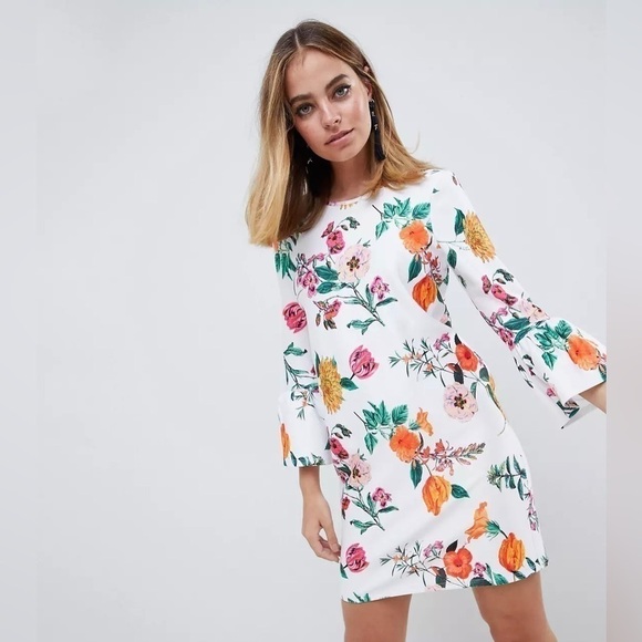 ASOS DESIGN Botanical Shift Mini Dress with Fluted Sleeves, Size 4 - Picture 3 of 16